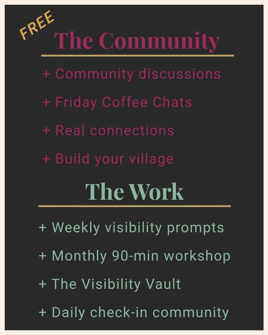 The Authentic Connection Skool Community: free community discussions, Friday coffee chats, weekly visibility prompts and monthly workshops